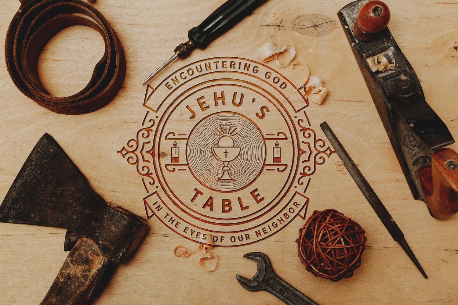 The Jehu&rsquo;s Table seal engraved on a carpenter&rsquo;s workbench
